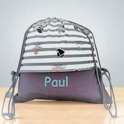 Turnbeutel, Rucksack grau  maritim, personalisierbar