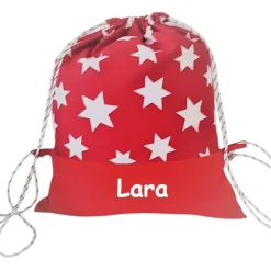 Turnbeutel, Rucksack rot mit Sterne, personalisierbar