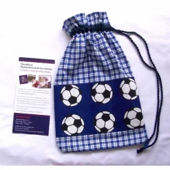 Turnbeutel, Sportbeutel, Turnbeutel Fußball, blau, rot, Wunschgröße Turnbeutel aus Fußballstoff
