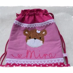 Turnbeutel-/Rucksack pink/weiß mit Doodlestickerei Bärenkopf und Wunschname