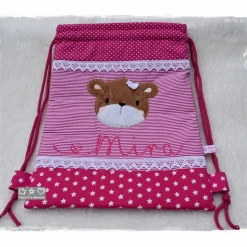 Turnbeutel-/Rucksack pink/weiß mit Doodlestickerei Bärenkopf und Wunschname
