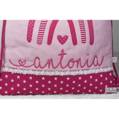 Turnbeutel-/Rucksack pink/weiß mit Doodlestickerei Regenbogen und Wunschname