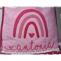 Turnbeutel-/Rucksack pink/weiß mit Doodlestickerei Regenbogen und Wunschname