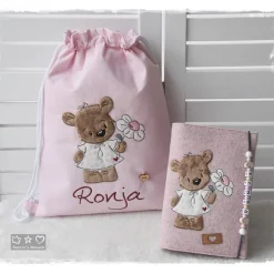Turnbeutel/Rucksack rosa Bärli mit Blume und Wunschname