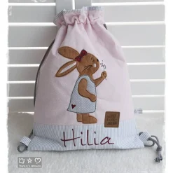 Turnbeutel/Rucksack rosagrau Hasenmädchen mit Pusteblume und Wunschname
