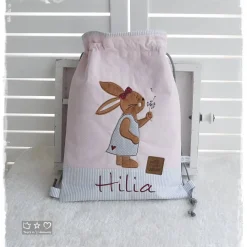 Turnbeutel/Rucksack rosagrau Hasenmädchen mit Pusteblume und Wunschname