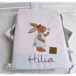 Turnbeutel/Rucksack rosagrau Hasenmädchen mit Pusteblume und Wunschname