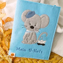 U-Heft-Hülle Maus mit praktischen Fächern Filz blau