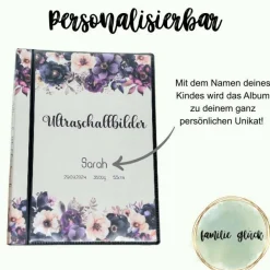 Ultraschallbilder Mappe lila Blumen – Personalisiertes Ultraschallalbum als Geschenk zur Schwangerschaft