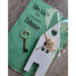 Umzug * Einzug * Alles Gute * neues Zuhause * Karte mit Haus und Schlüssel * Keraflott * Grün Trockenblumen