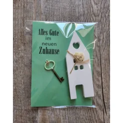 Umzug * Einzug * Alles Gute * neues Zuhause * Karte mit Haus und Schlüssel * Keraflott * Grün Trockenblumen