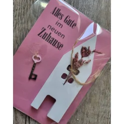Umzug * Einzug * Alles Gute * neues Zuhause * Karte mit Haus und Schlüssel * Keraflott * Rosa Trockenblumen