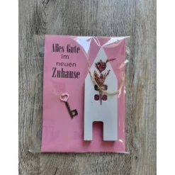 Umzug * Einzug * Alles Gute * neues Zuhause * Karte mit Haus und Schlüssel * Keraflott * Rosa Trockenblumen