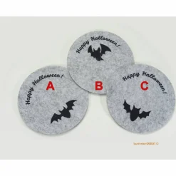 Untersetzer Glasuntersetzer Filz hellgrau, Happy Halloween Fledermaus, Tischdekoration Party, handmade BuntMixxDESIGN