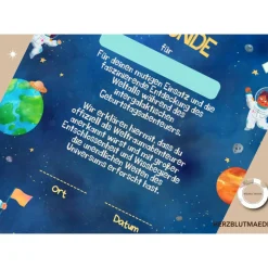 Urkunde als Mitgebsel für den Kindergeburtstag | Geschenktüte für Kinder | Rakete | Weltall | Weltraumparty