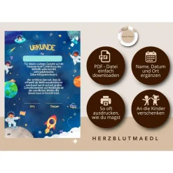 Urkunde als Mitgebsel für den Kindergeburtstag | Geschenktüte für Kinder | Rakete | Weltall | Weltraumparty