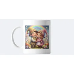 Verliebte Wichtel Keramikbecher 325ml – Liebevolles Geschenk mit Regenbogen & Blüten