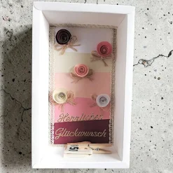 Verpackung für Geldgeschenk – Geschenkbox mit Papierrosen, Herzlichen Glückwunsch, Vintage, Unikat