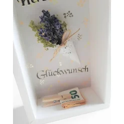 Verpackung für Geldgeschenk – Geschenkbox mit Lavendel, Herzlichen Glückwunsch, Handarbeit, Unikat