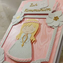 Verspielte Kommunionkarte Mädchen rosa weiß