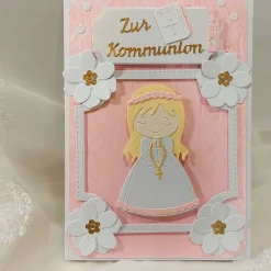 Verspielte Kommunionkarte Mädchen rosa weiß
