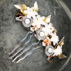 verzierter Haarkamm, silber-weiss, Brautschmuck, festlich