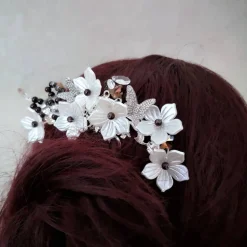 verzierter Haarkamm, silber-weiss, Brautschmuck, festlich