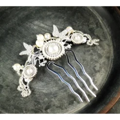 verzierter Haarkamm, silber-weiss, Brautschmuck, festlich