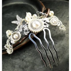 verzierter Haarkamm, silber-weiss, Brautschmuck, festlich