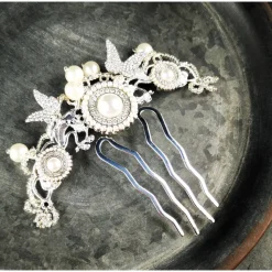 verzierter Haarkamm, silber-weiss, Brautschmuck, festlich