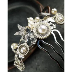 verzierter Haarkamm, silber-weiss, Brautschmuck, festlich