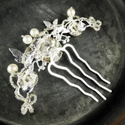 verzierter Haarkamm, silber-weiss, Brautschmuck, festlich