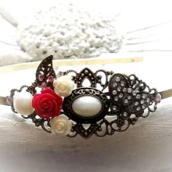 verzierter Haarreif, Vintage-Stil, Haarreifen, Cabochon, Blume, Rosen, Haarschmuck,Hochzeit, Kommunion,bronzefarben,02