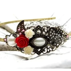 verzierter Haarreif, Vintage-Stil, Haarreifen, Cabochon, Blume, Rosen, Haarschmuck,Hochzeit, Kommunion,bronzefarben,02