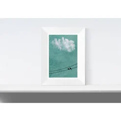 Vögel auf der Stromleitung, weiße Wolke am Himmel, Fotografie und Illustration, Poster grün, Größe 45 x 30 cm oder DIN A4