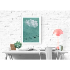 Vögel auf der Stromleitung, weiße Wolke am Himmel, Fotografie und Illustration, Poster grün, Größe 45 x 30 cm oder DIN A4