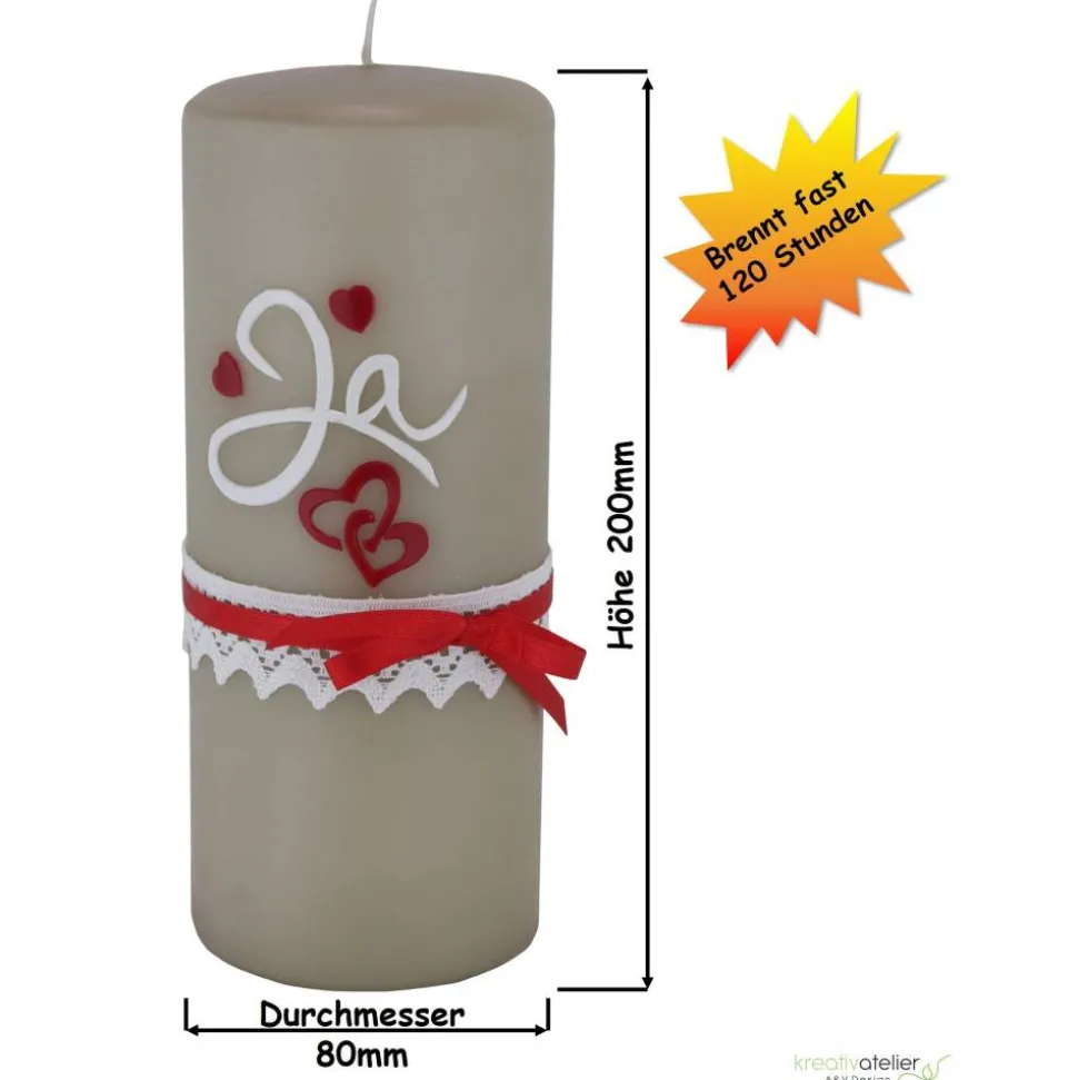 Vintage Hochzeitskerze taupe mit Schriftzug "Ja", Doppelherz und Klöppelspitze, personalisierbar, elegante Hochzeitsdeko