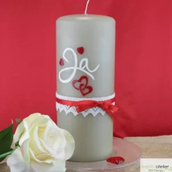 Vintage Hochzeitskerze taupe mit Schriftzug 
