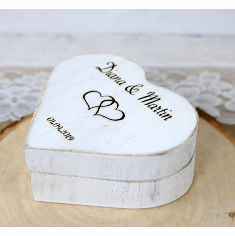 Vintage RINGBOX aus HOLZ Herz Ringkissen Shabby Chic Weiß + GRAVUR Rustikale Hochzeit Ringkästchen für Eheringe Ringschatulle Personalisiert