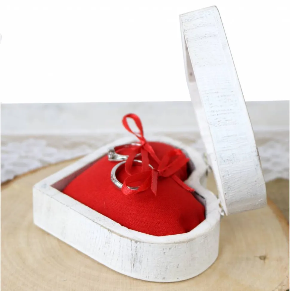 Vintage RINGBOX aus HOLZ Herz Ringkissen Shabby Chic Weiß + GRAVUR Rustikale Hochzeit Ringkästchen für Eheringe Ringschatulle Personalisiert