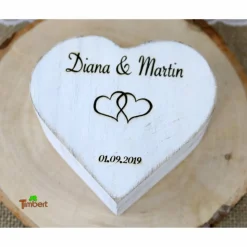 Vintage RINGBOX aus HOLZ Herz Ringkissen Shabby Chic Weiß + GRAVUR Rustikale Hochzeit Ringkästchen für Eheringe Ringschatulle Personalisiert
