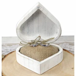Vintage RINGBOX aus HOLZ Herz Ringkissen Shabby Chic Weiß + GRAVUR Rustikale Hochzeit Ringkästchen für Eheringe Ringschatulle Personalisiert