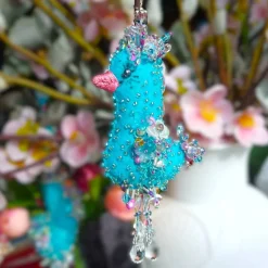 Vogel Ornament türkis rosa beidseitig handbestickt Unikat Osterdeko Shabby Chic Landhausstil