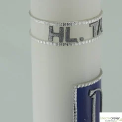 von Hand verzierte, schlichte weiße Taufkerze in enzian oder rosa mit Pax, Fisch und Wellen, Schriftzug -Hl. Taufe-