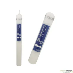 von Hand verzierte, schlichte weiße Taufkerze in enzian oder rosa mit Pax, Fisch und Wellen, Schriftzug -Hl. Taufe-