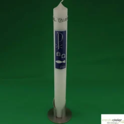 von Hand verzierte, schlichte weiße Taufkerze in enzian oder rosa mit Pax, Fisch und Wellen, Schriftzug -Hl. Taufe-