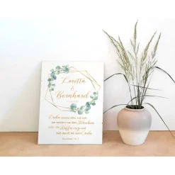 Wandbild Willkommensschild Design Eukalyptus Gold