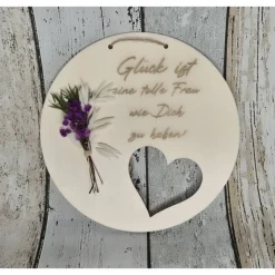 Wanddeko, Holzschild mit Spruch, Herz & Trockenblumen – Geschenk, 20cm, Pappelholz