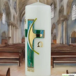 Weg des Glaubens – Christliche Osterkerze mit Kreuz und Alpha & Omega, Licht der Auferstehung, handgemacht