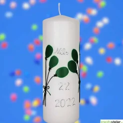 weiße Geburtstagskerze mit Luftballons, personalisierbar, Geburtstagsgeschenk, persönliches Geschenk, bunte Luftballons